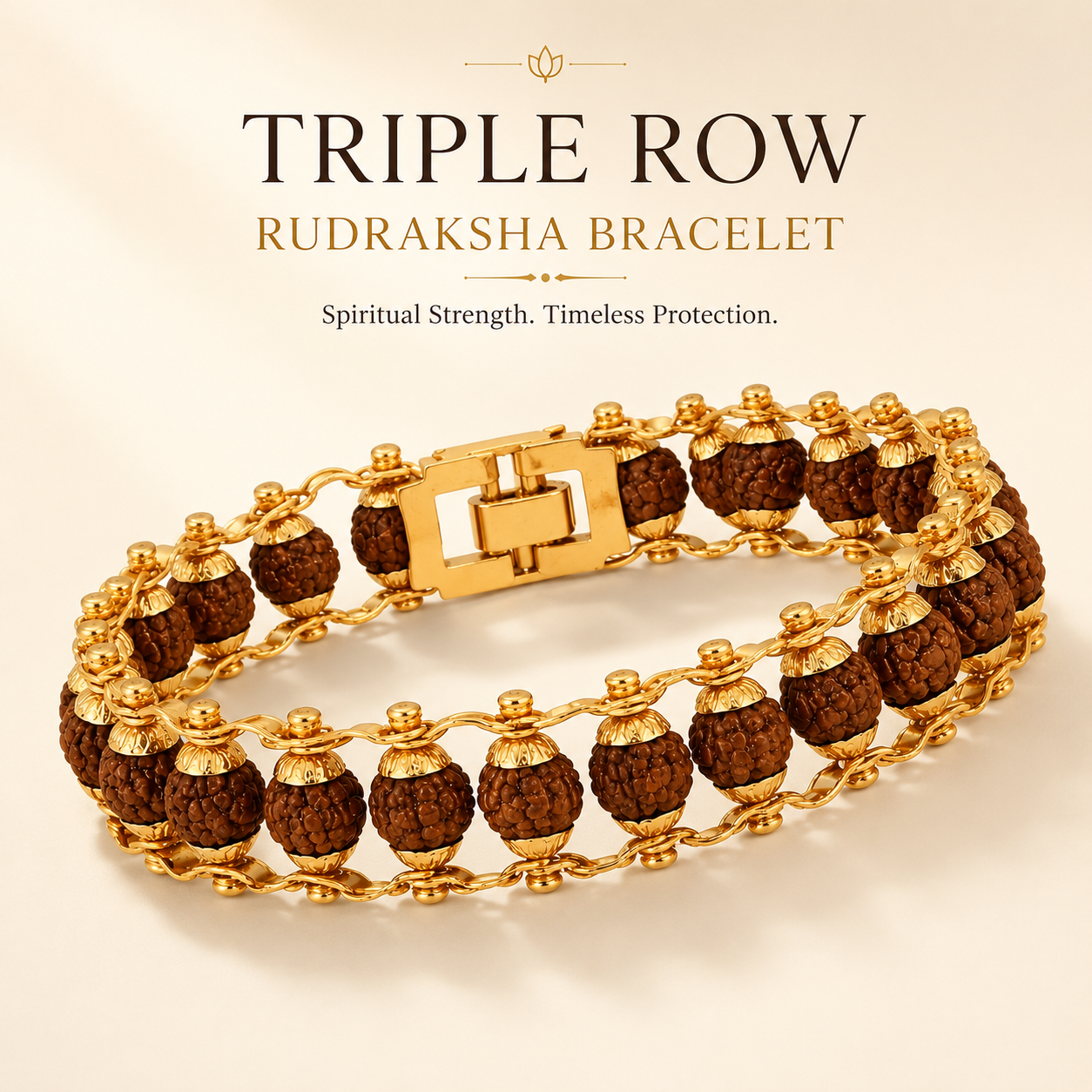 Triple-Row Rudraksha Bracelet with Gold-Tone Finish | Handcrafted Spiritual Bracelet with Secure Box Clasp | Traditional Everyday Wear