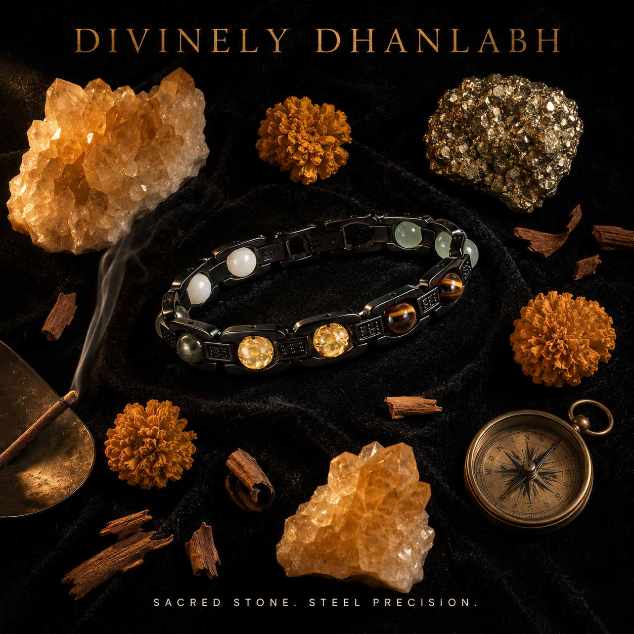 DhanLabh Metal Bracelet Black - Citrine, Tiger Eye, Green Aventurine, White Quartz &amp; Pyrite