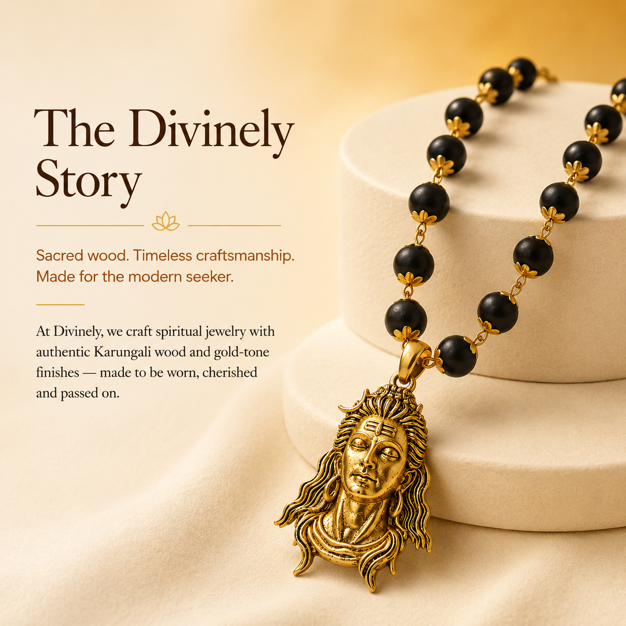 Karungali Gold-Tone Mala with Adiyogi Pendant | 54 Handcrafted Karungali Wood Beads (7mm) | Spiritual Meditation Necklace for Men & Women