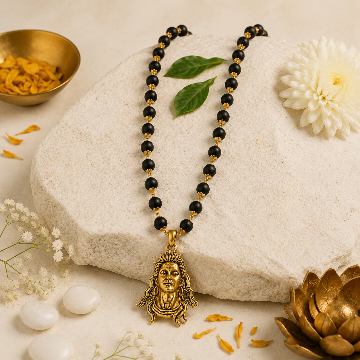 Karungali Gold-Tone Mala with Adiyogi Pendant | 54 Handcrafted Karungali Wood Beads (7mm) | Spiritual Meditation Necklace for Men & Women