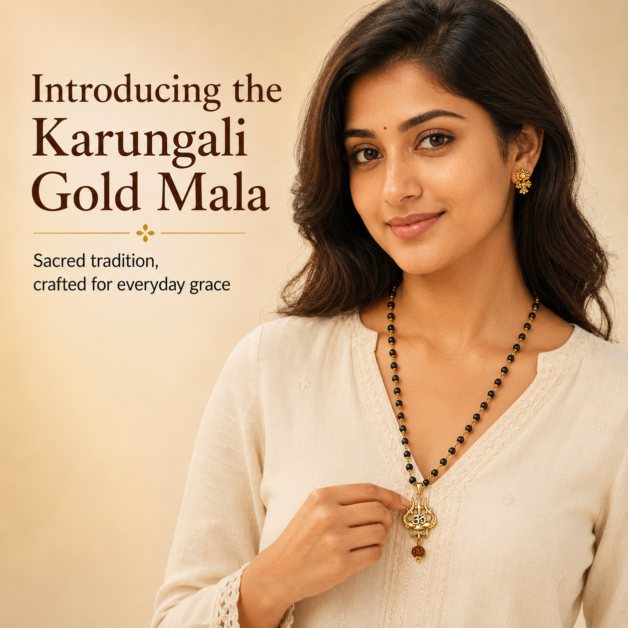 Karungali Gold Mala with Trishul & Om Pendant | 54 Handcrafted Karungali Wood Beads | Spiritual Necklace for Daily Wear