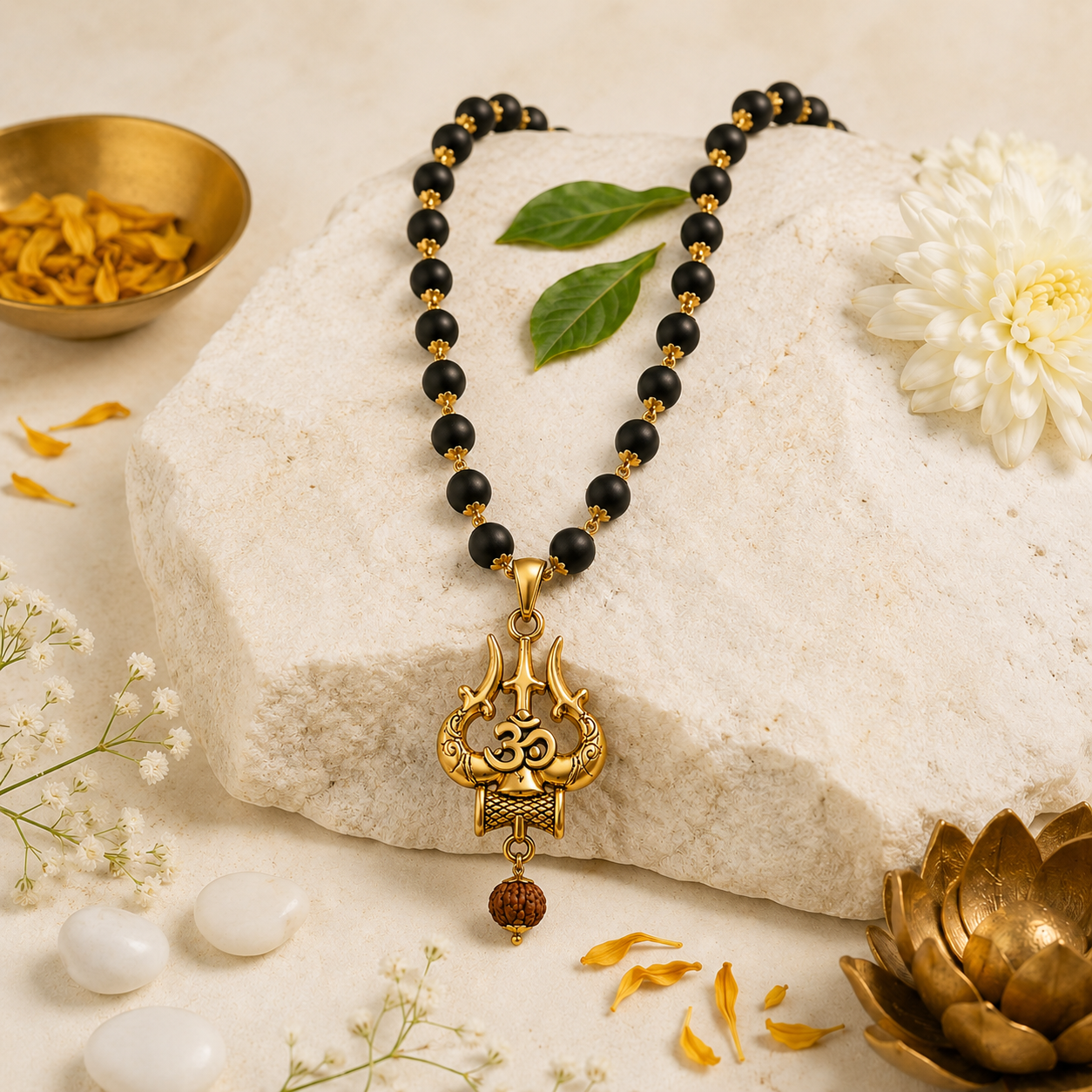 Karungali Gold Mala with Trishul & Om Pendant | 54 Handcrafted Karungali Wood Beads | Spiritual Necklace for Daily Wear