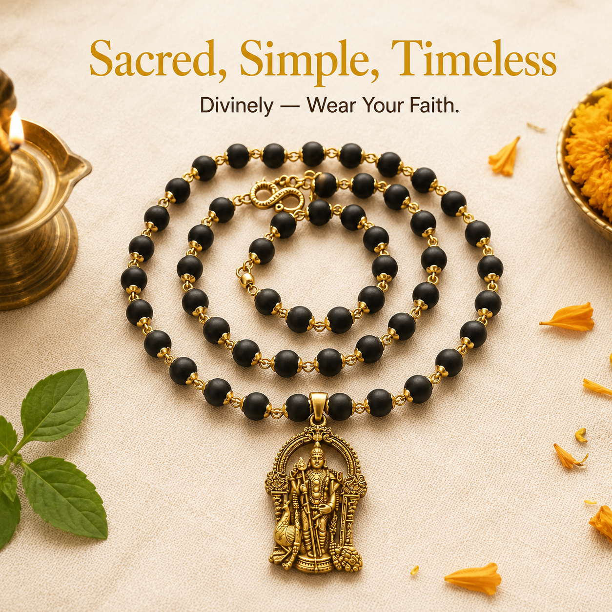 Karungali Gold-Tone Mala with Murugan Pendant | 54 Handcrafted Karungali Wood Beads | Spiritual Necklace for Daily Wear | Traditional Devotional Mala