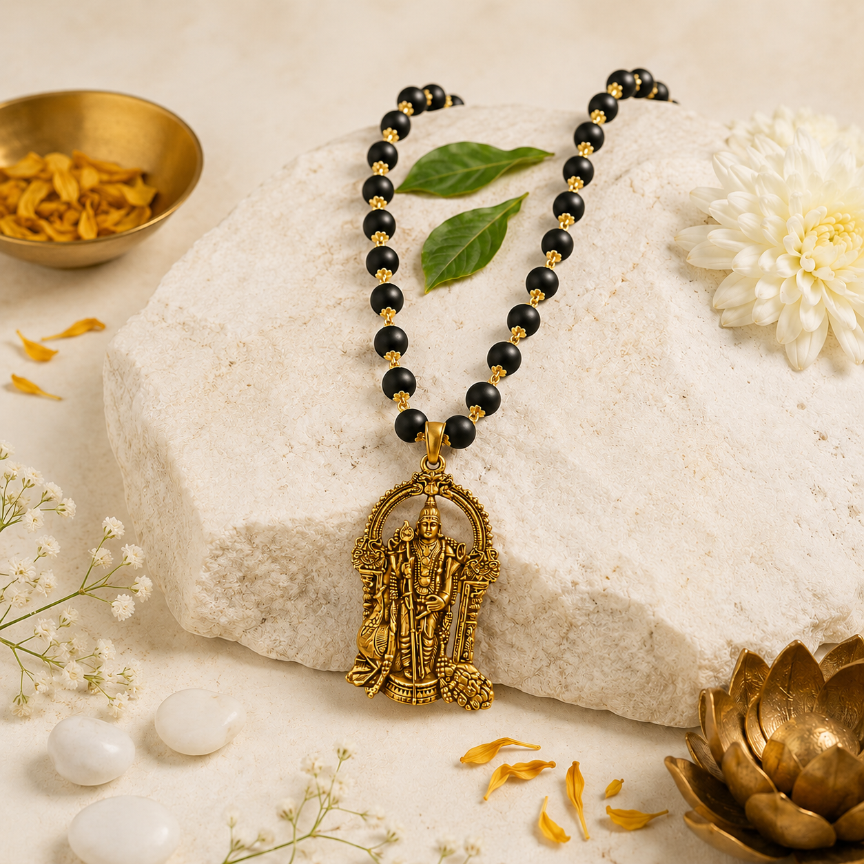 Karungali Gold-Tone Mala with Murugan Pendant | 54 Handcrafted Karungali Wood Beads | Spiritual Necklace for Daily Wear | Traditional Devotional Mala