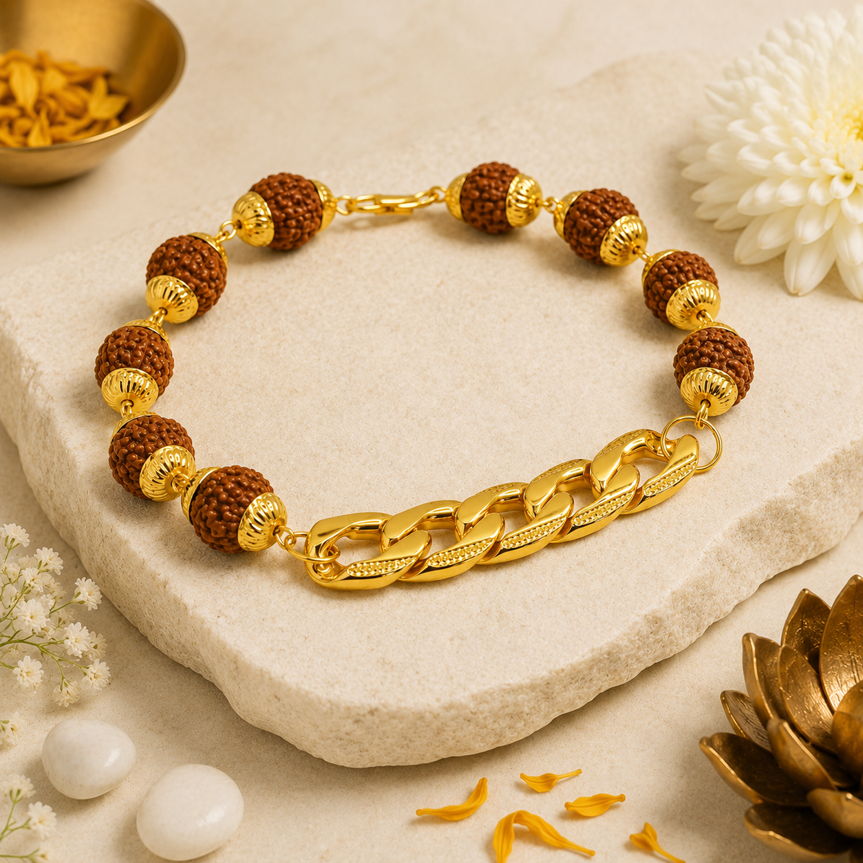 Gold Plated Rudraksha Chain Bracelet for Men & Women | Spiritual Style Bracelet | Premium Gold-Tone Finish | Adjustable Fashion Bracelet