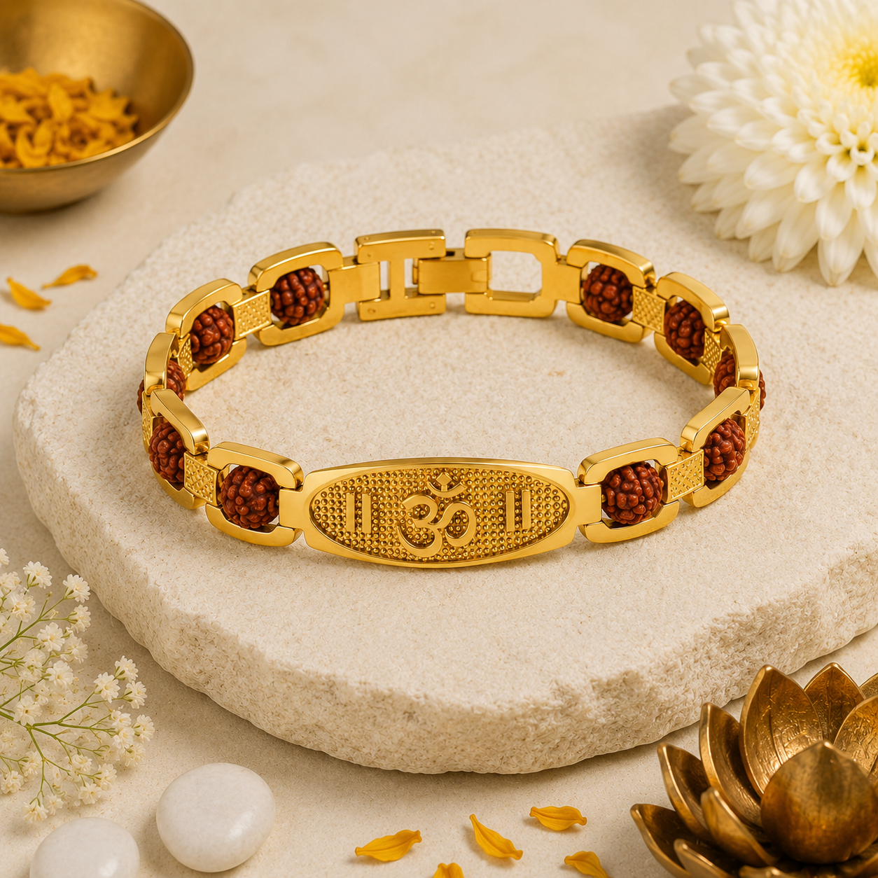 Gold Plated Rudraksha Om Bracelet for Men & Women | Premium Gold-Tone Finish | Om Symbol Spiritual Bracelet