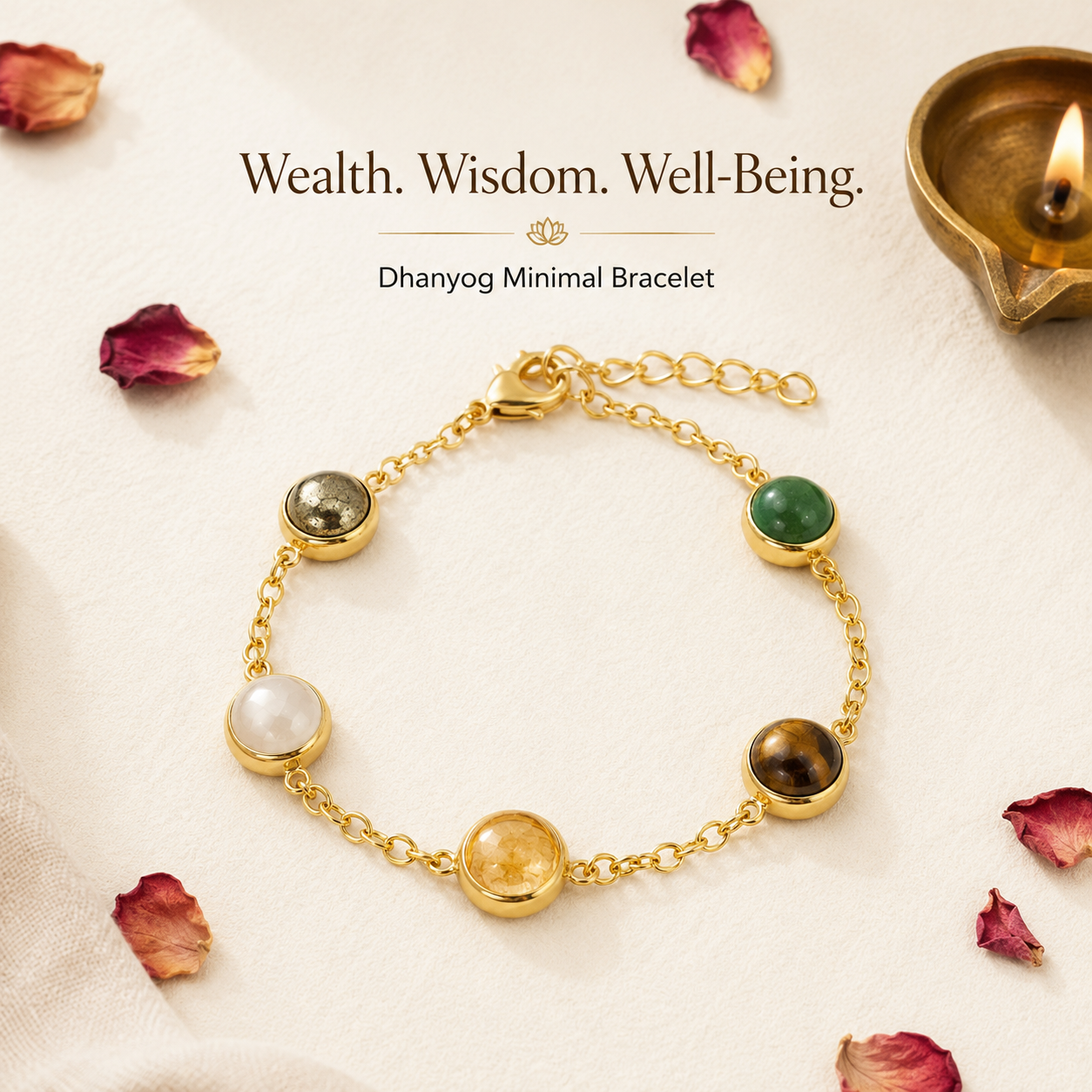 Dhanyog Minimal Bracelet for Women | 5 Natural Gemstones | Adjustable Gold-Tone Spiritual Bracelet | Prosperity, Positivity, Balance & Everyday Elegance