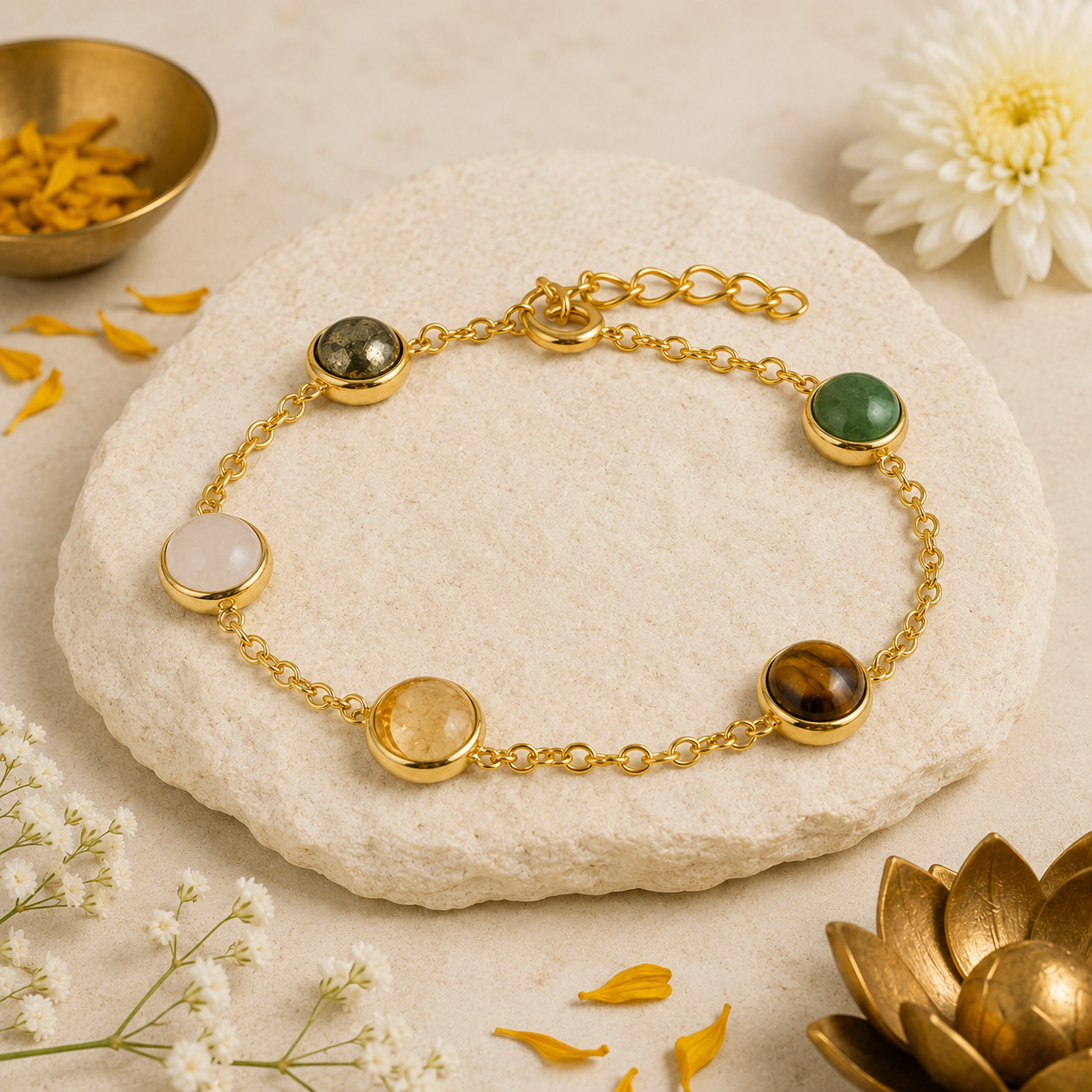 Dhanyog Minimal Bracelet for Women | 5 Natural Gemstones | Adjustable Gold-Tone Spiritual Bracelet | Prosperity, Positivity, Balance & Everyday Elegance