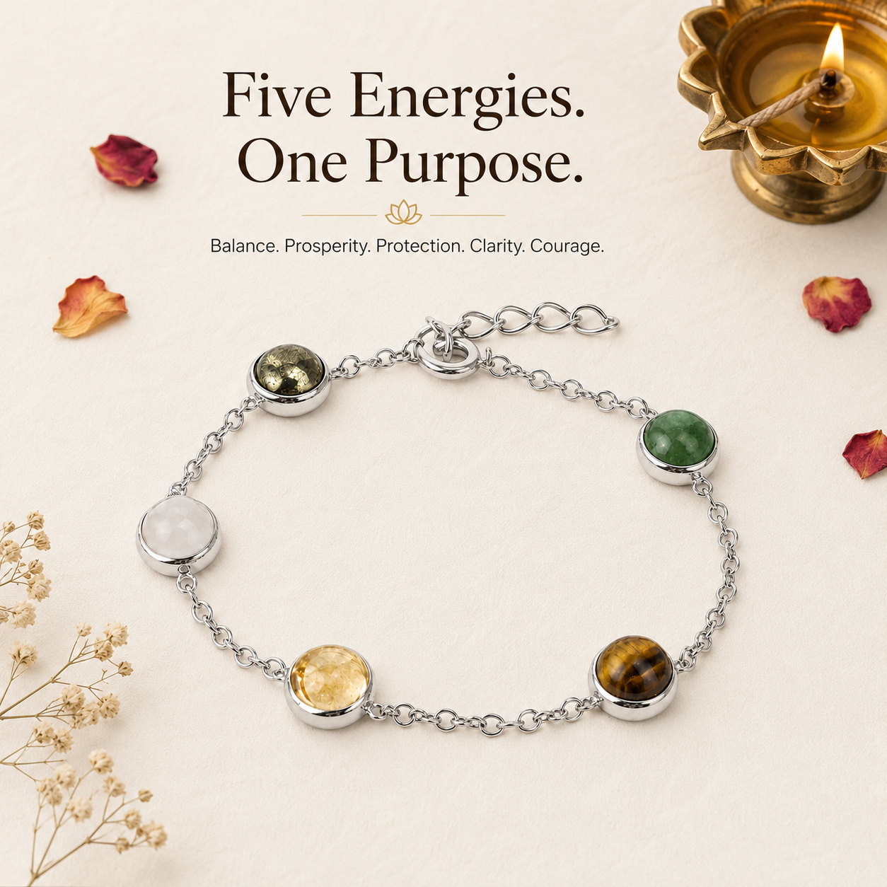Dhanyog Minimal Bracelet for Women | 5 Natural Gemstones in Silver-Tone Finish | Adjustable Healing Crystal Bracelet for Prosperity, Balance & Positive Energy