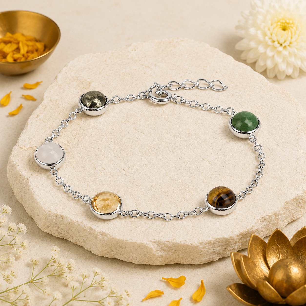 Dhanyog Minimal Bracelet for Women | 5 Natural Gemstones in Silver-Tone Finish | Adjustable Healing Crystal Bracelet for Prosperity, Balance & Positive Energy
