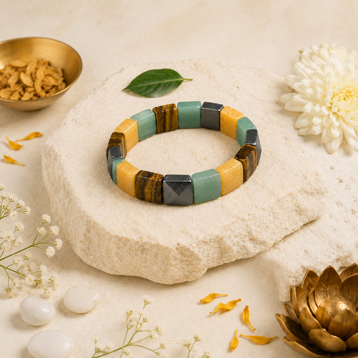 Money Band Square Bracelet | Natural Tiger Eye, Pyrite, Green Aventurine & Citrine Crystal Bracelet | Premium Stretch Bracelet for Men & Women | Wealth, Success & Positive Energy | Includes Authenticity Certificate