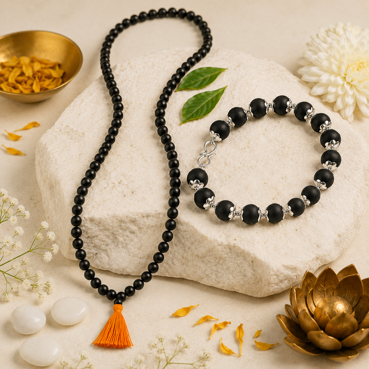 Karungali Mala & Bracelet Combo | 108 Beads Natural Ebony Wood Japa Mala with Silver-Tone Bracelet | Spiritual Meditation Set for Men & Women