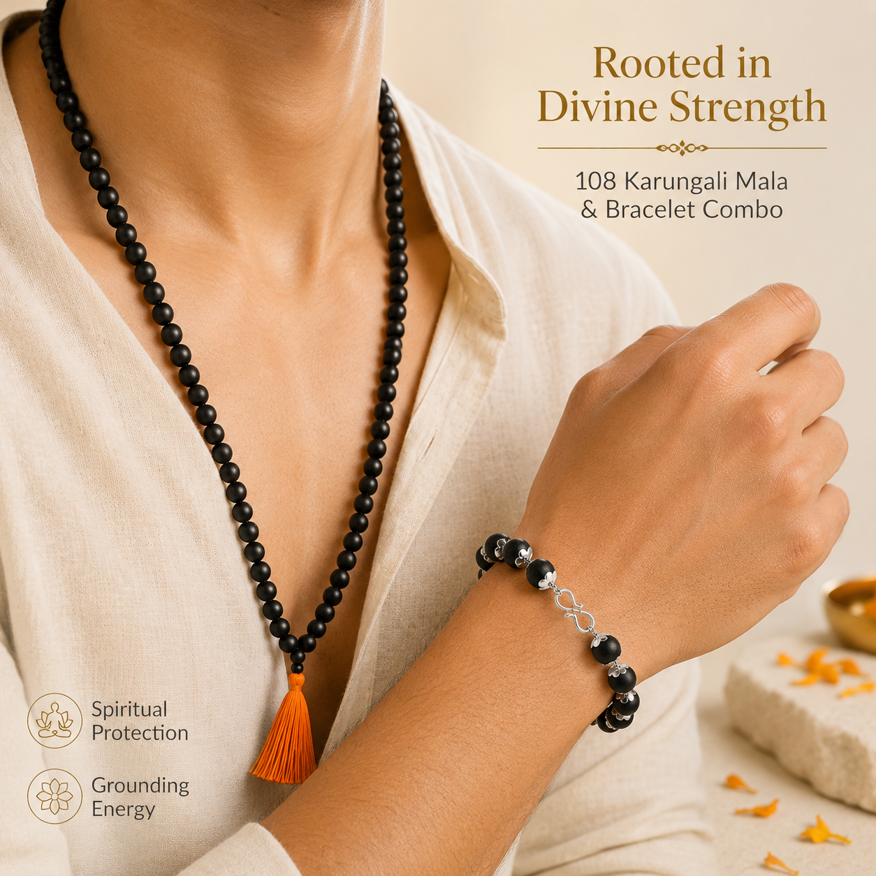 Karungali Mala & Bracelet Combo | 108 Beads Natural Ebony Wood Japa Mala with Silver-Tone Bracelet | Spiritual Meditation Set for Men & Women