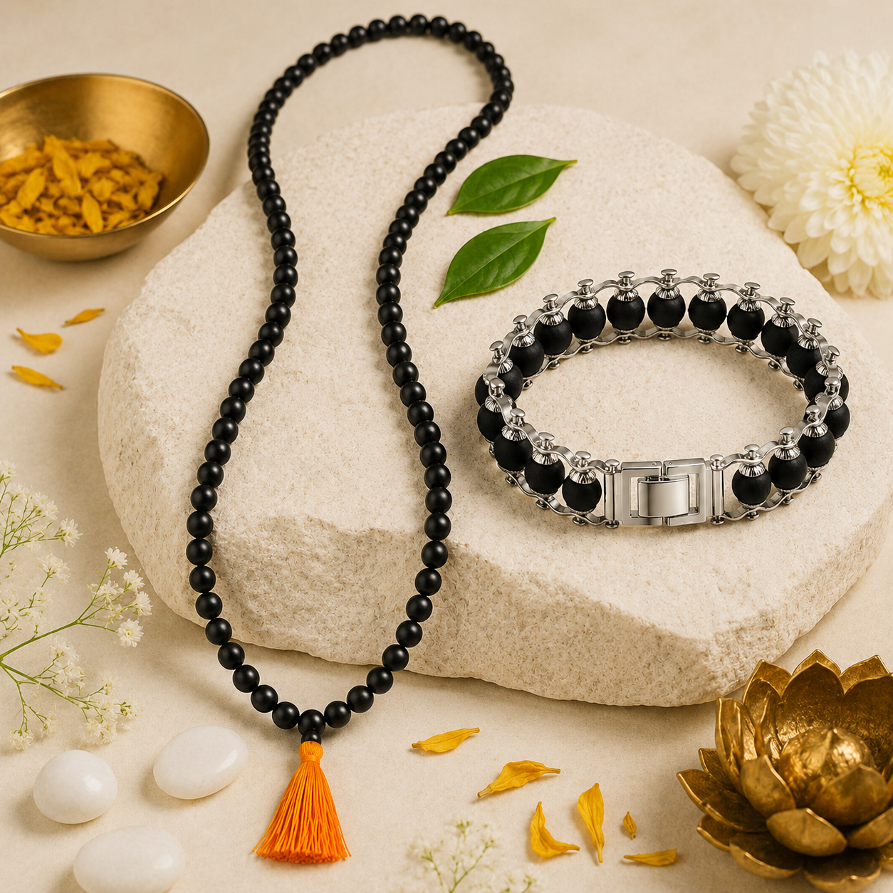 Karungali Mala 108 Beads & Silver-Tone Cycle Bracelet Combo | Premium Spiritual Jewelry for Men & Women