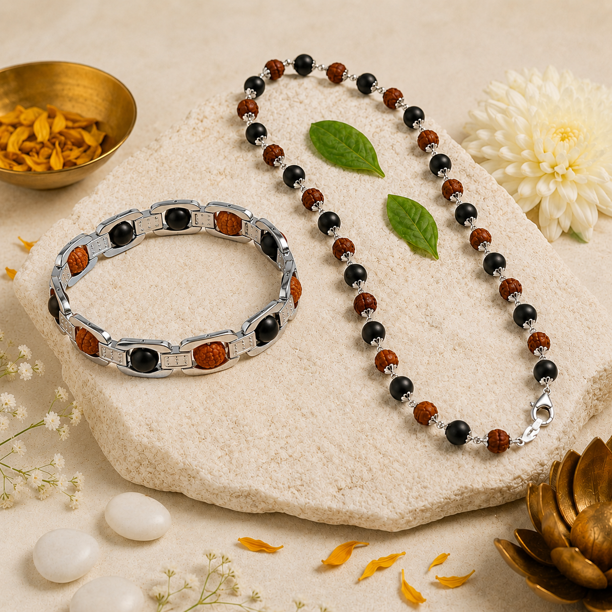 Karungali Rudraksha Combo Set – 54 Bead Mala & Silver-Tone Bracelet | Premium Spiritual Jewelry for Men & Women | Handcrafted Natural Karungali Wood & Rudraksha