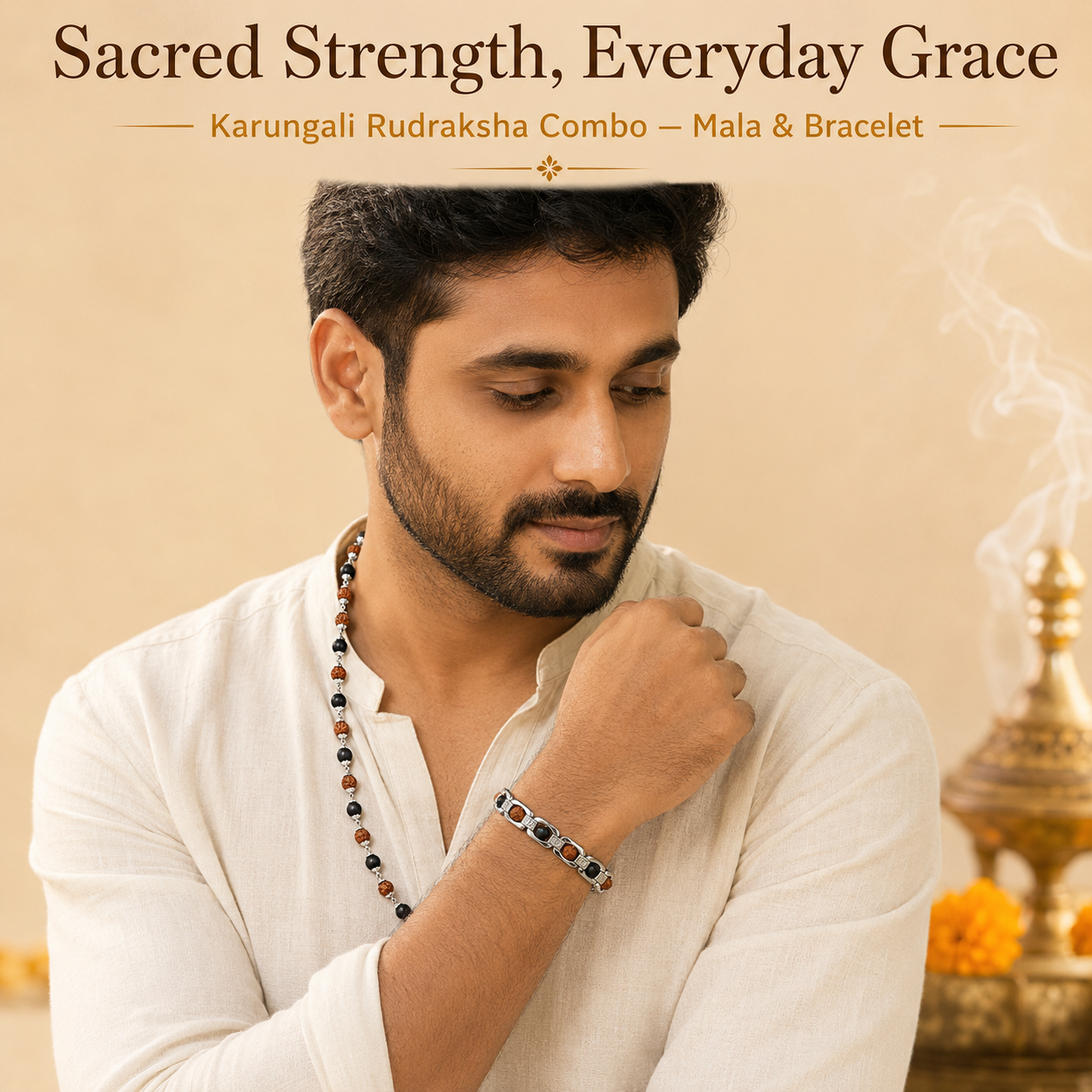 Karungali Rudraksha Combo Set – 54 Bead Mala & Silver-Tone Bracelet | Premium Spiritual Jewelry for Men & Women | Handcrafted Natural Karungali Wood & Rudraksha