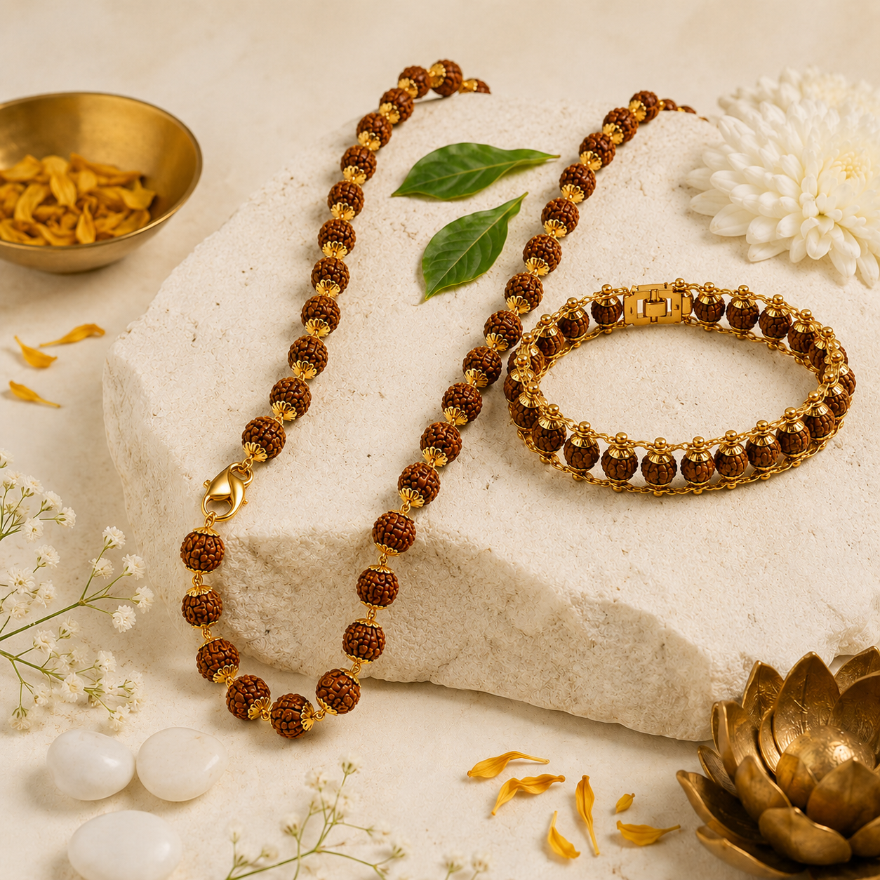 Rudraksha Combo Set — 54-Bead Mala & Gold-Tone Cycle Bracelet | Handcrafted Spiritual Jewelry for Meditation & Everyday Wear