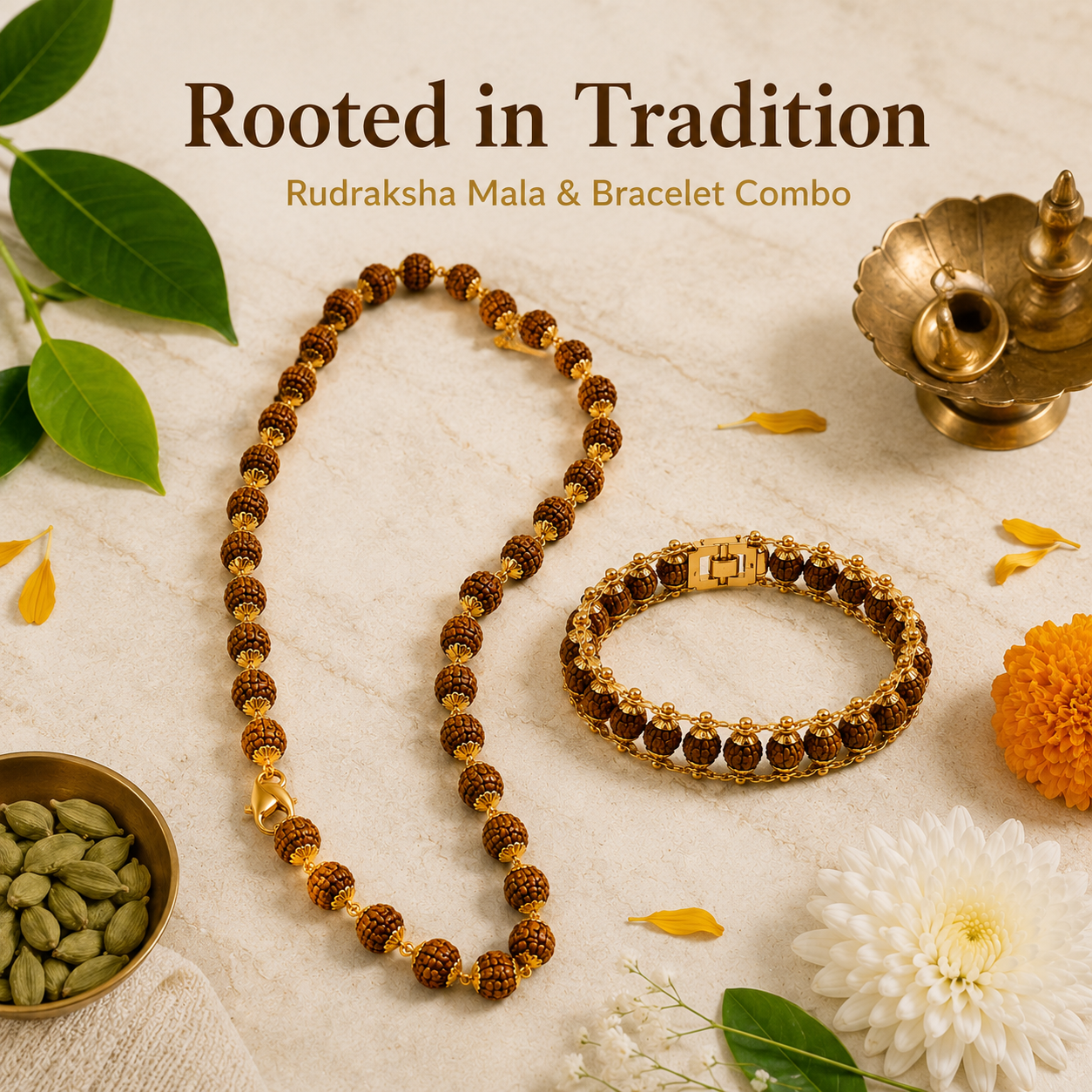Rudraksha Combo Set — 54-Bead Mala & Gold-Tone Cycle Bracelet | Handcrafted Spiritual Jewelry for Meditation & Everyday Wear