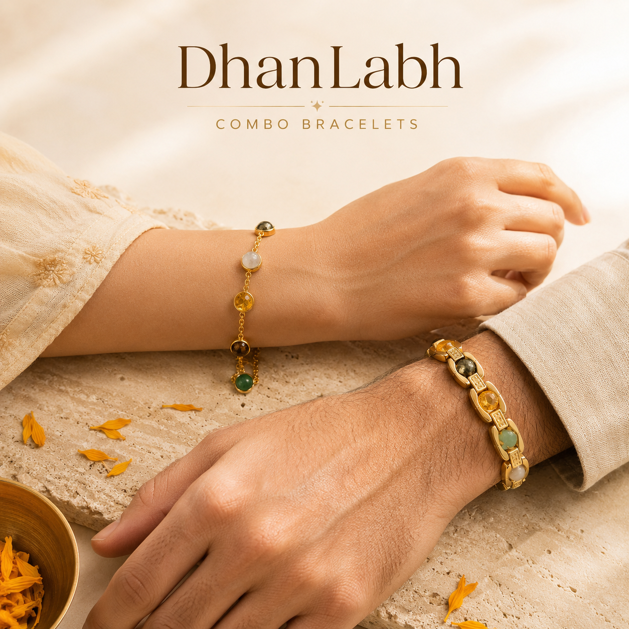 Dhanlabh Bracelet Combo for Men & Women | Gold-Tone Stainless Steel Bracelets with Natural Gemstones | Adjustable His & Her Prosperity Bracelet Set
