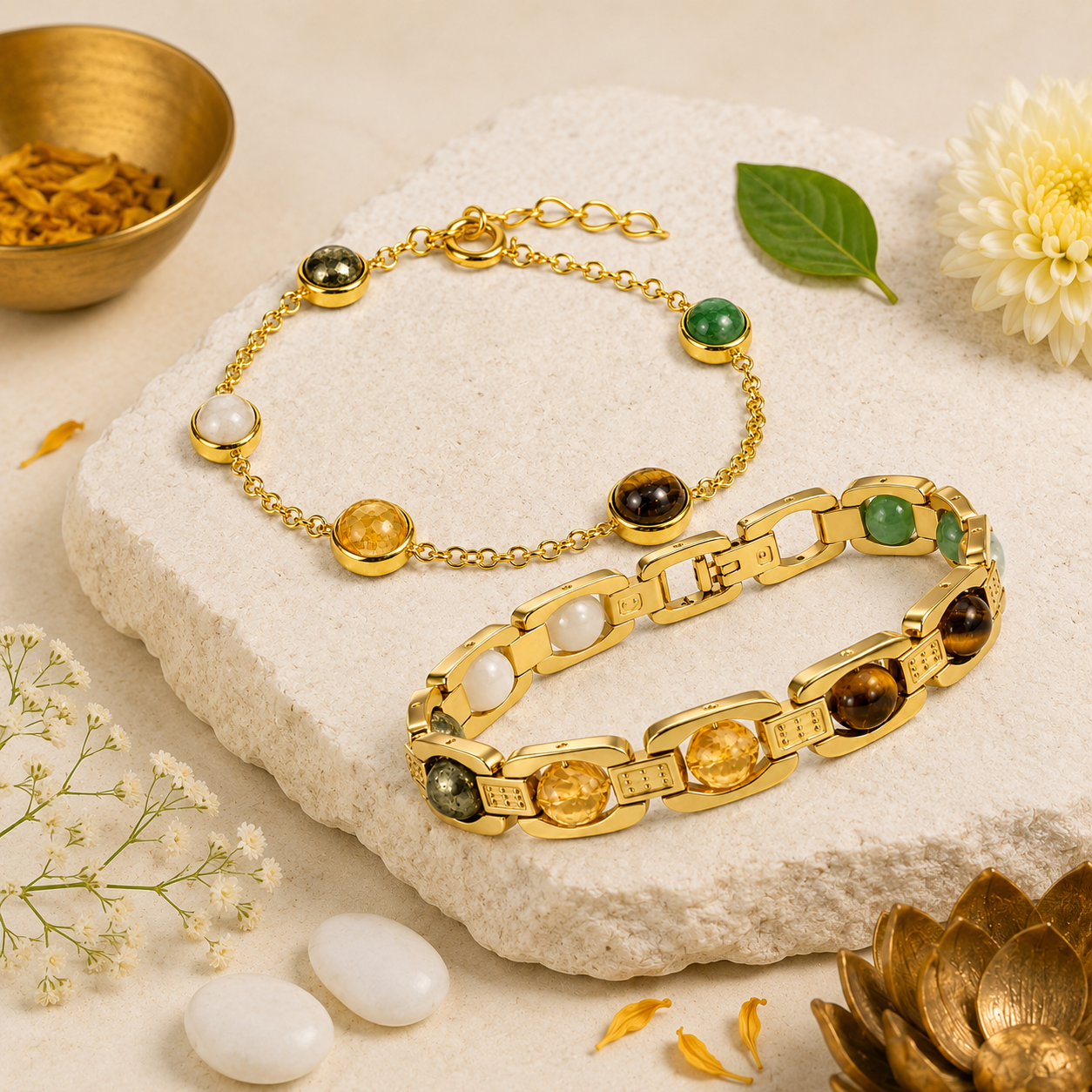 Dhanlabh Bracelet Combo for Men & Women | Gold-Tone Stainless Steel Bracelets with Natural Gemstones | Adjustable His & Her Prosperity Bracelet Set