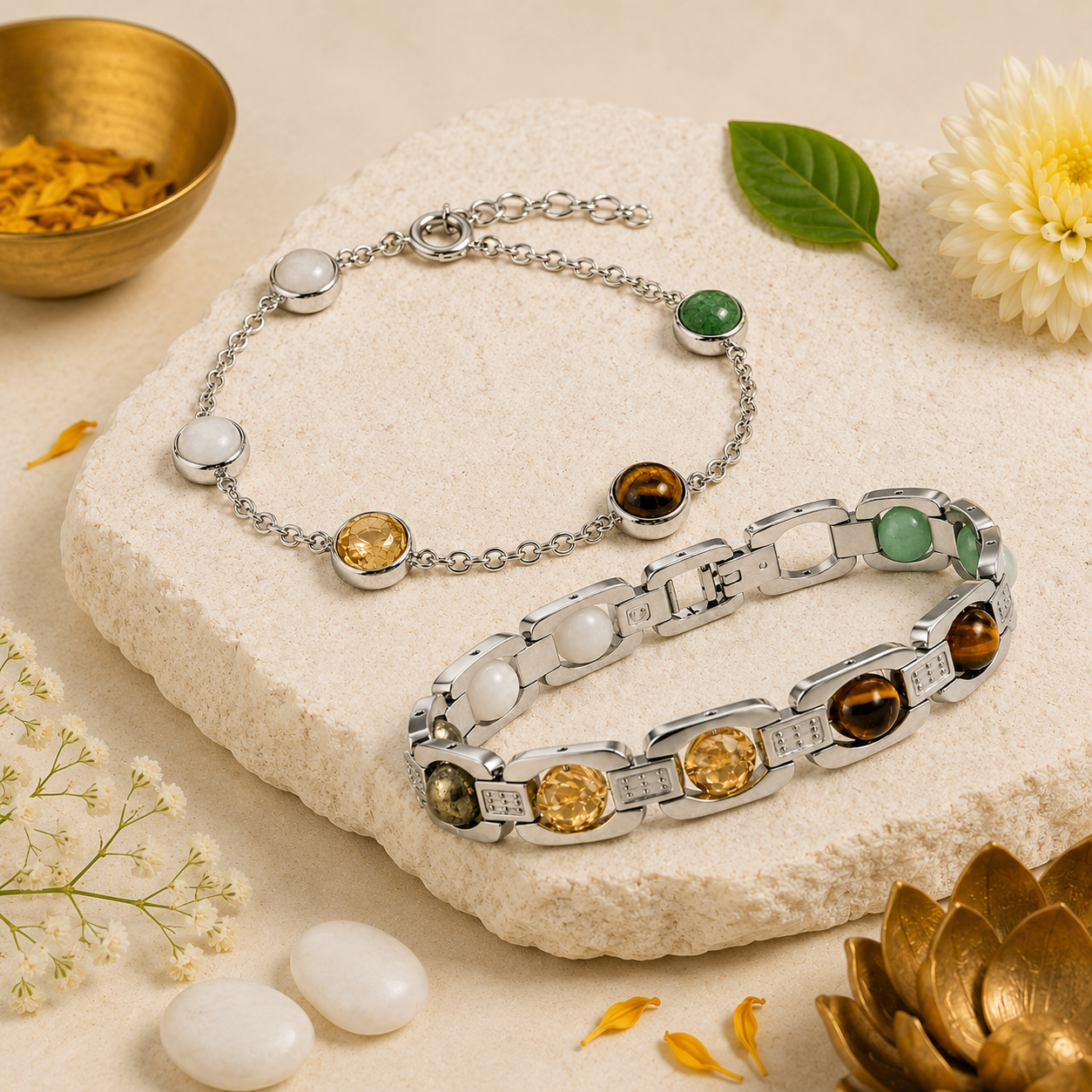 Dhanlabh Combo Bracelet for For Men & Women | Natural Gemstone Bracelets for Men & Women | Silver-Tone Stainless Steel | Adjustable Matching Bracelet Set