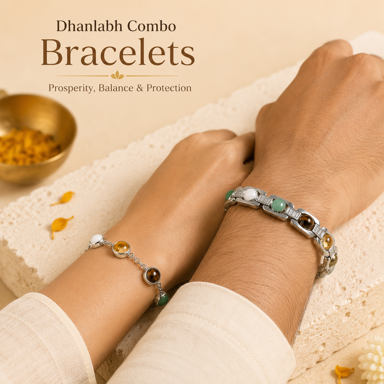 Dhanlabh Combo Bracelet for For Men & Women | Natural Gemstone Bracelets for Men & Women | Silver-Tone Stainless Steel | Adjustable Matching Bracelet Set
