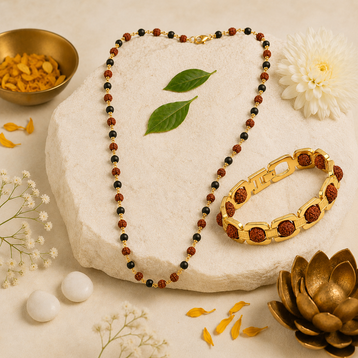 Karungali Rudraksha Mala & Essential Rudrakshja Bracelet Combo | 54 Beads Gold-Tone Necklace Set | Natural Rudraksha & Karungali Wood | Spiritual Jewelry for Men & Women