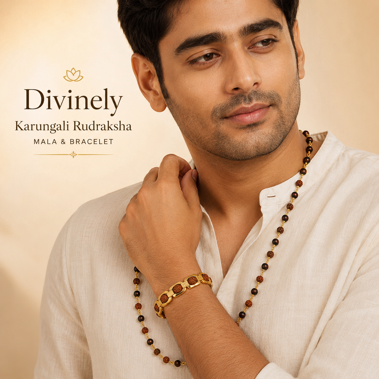 Karungali Rudraksha Mala & Essential Rudrakshja Bracelet Combo | 54 Beads Gold-Tone Necklace Set | Natural Rudraksha & Karungali Wood | Spiritual Jewelry for Men & Women