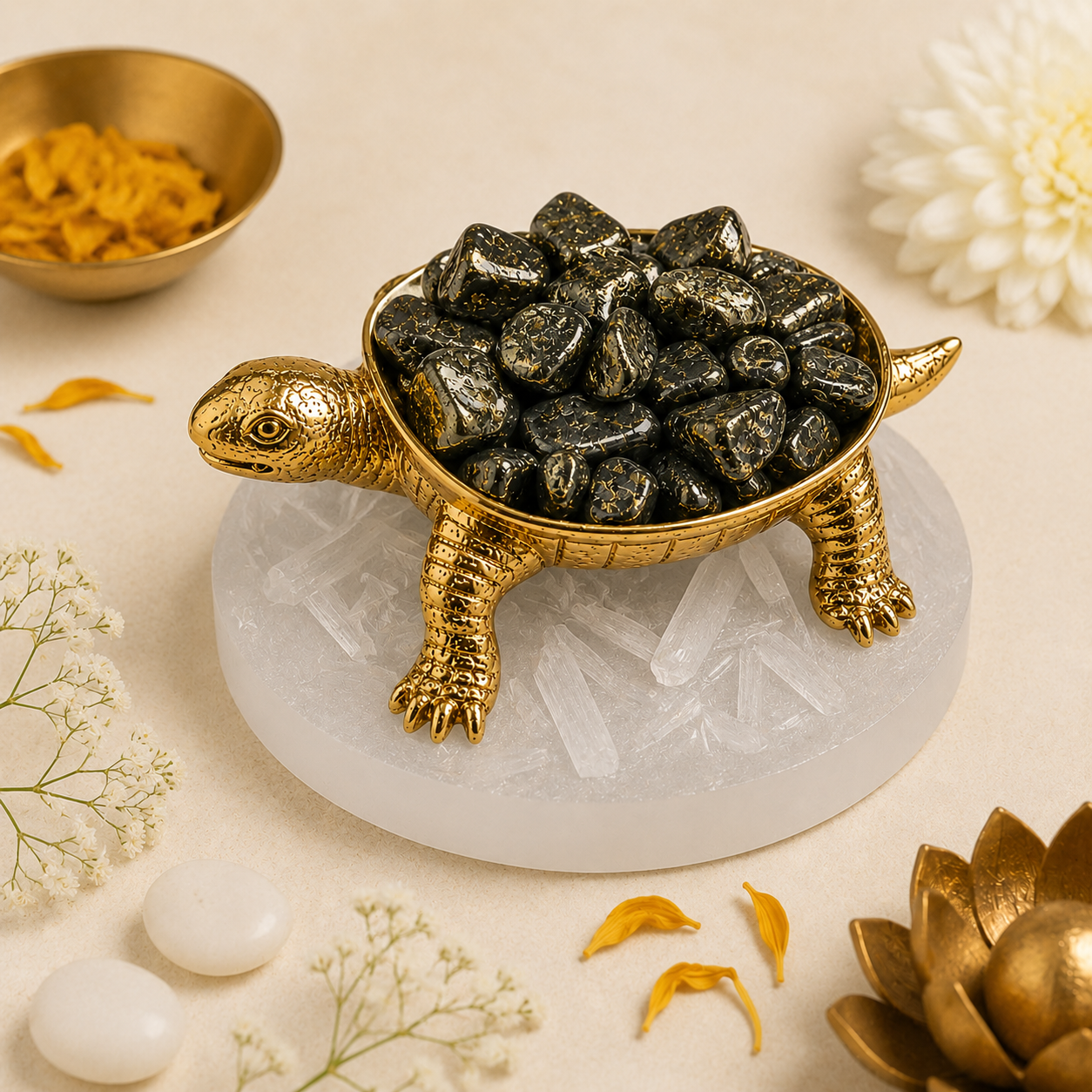 Gold Colour Pyrite Kachua (Tortoise) with Selenite Plate | Crystal Wealth & Positive Energy Decor | Vastu & Feng Shui Home/Office Décor