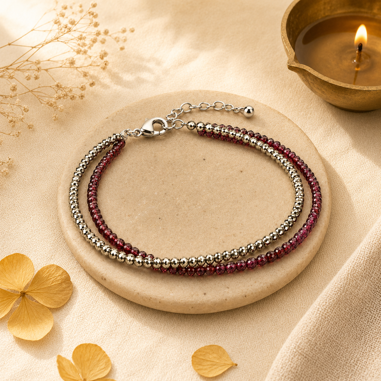 Love & Prosperity Anklet – Pyrite & Garnet Double-Strand Adjustable Anklet for Women | Natural Crystal Anklet | Elegant Everyday Jewelry | Gift for Women