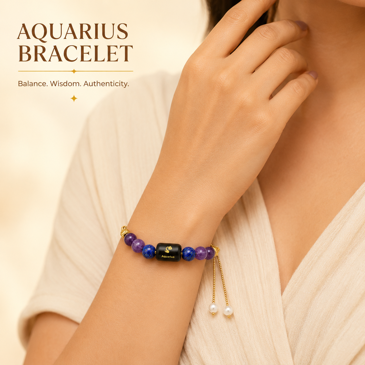 Zodiac Aquarius (कुंभ राशि – Kumbh Rashi) Minimal Bracelet for Women | Gold-Tone | Amethyst & Lapis Lazuli Crystal Bracelet | Adjustable Lucky Zodiac Bracelet