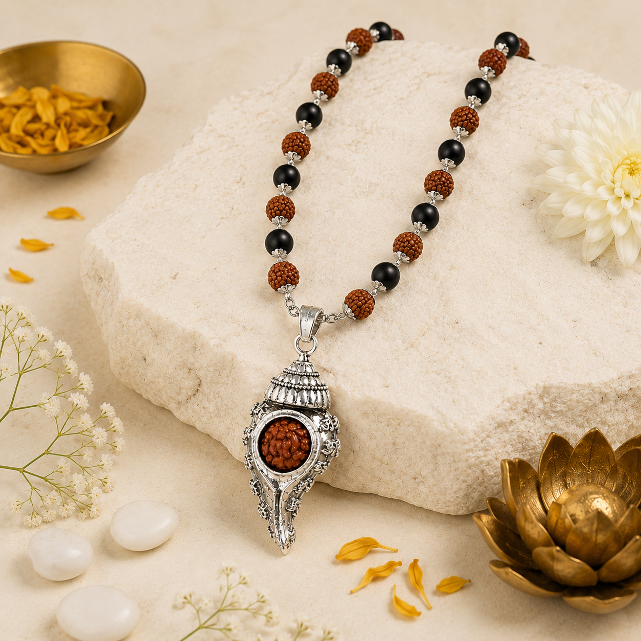 Karungali Rudraksha Silver Mala with Sacred Shankh Pendant | 54 Beads (7mm) | Handcrafted Spiritual Necklace for Meditation, Prayer & Daily Wear