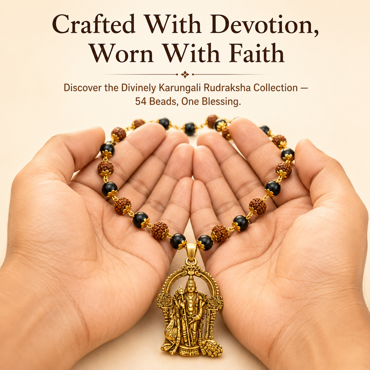 Karungali Rudraksha Mala with Lord Murugan Pendant | 54 Sacred Beads | Natural Karungali Wood & 5 Mukhi Rudraksha | Antique Gold-Tone Finish | Spiritual Necklace for Men & Women