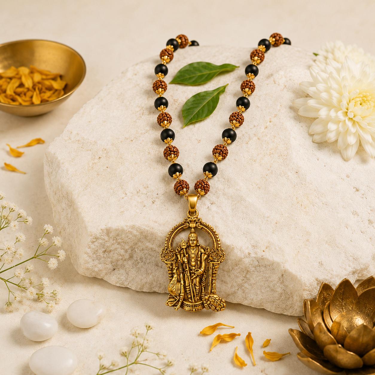 Karungali Rudraksha Mala with Lord Murugan Pendant | 54 Sacred Beads | Natural Karungali Wood & 5 Mukhi Rudraksha | Antique Gold-Tone Finish | Spiritual Necklace for Men & Women