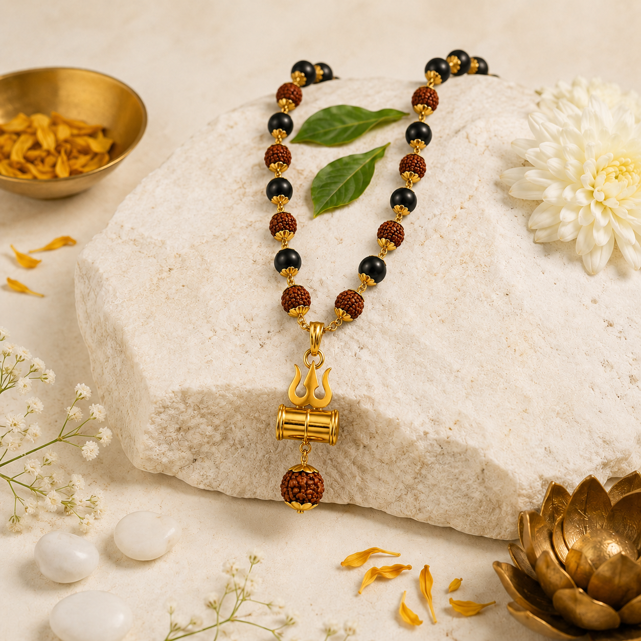 Karungali Rudraksha Gold Mala with Trishul Damru Pendant | 54 Beads | Premium Gold-Tone Spiritual Necklace for Men & Women