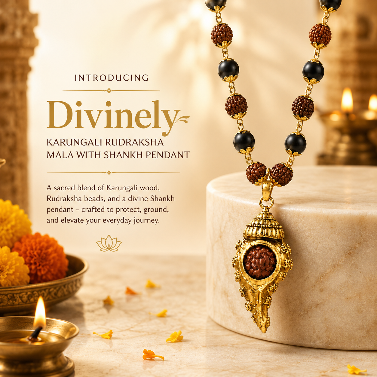 Karungali Rudraksha Gold Mala 54 Beads WIth Shankh Pendant