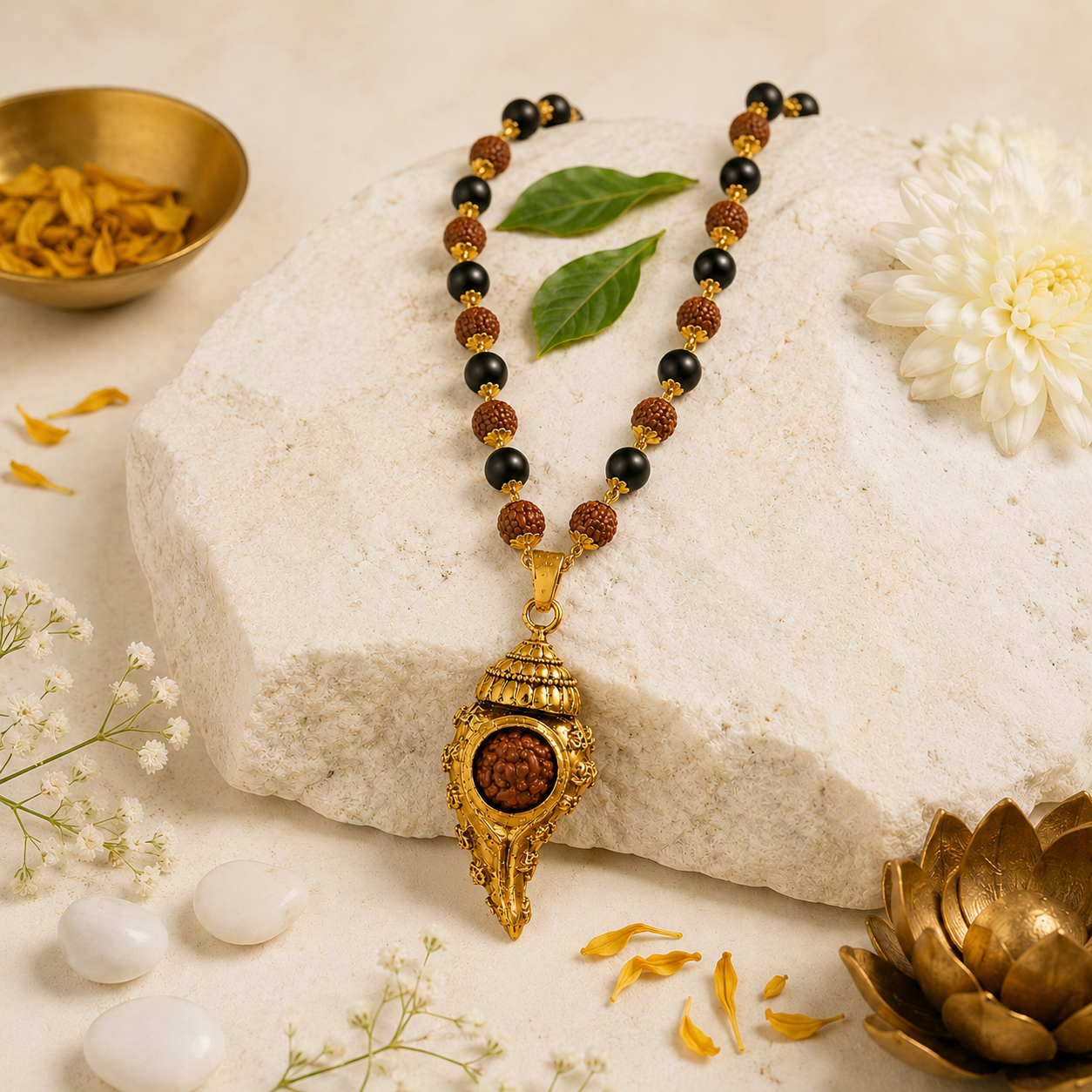Karungali Rudraksha Gold Mala 54 Beads WIth Shankh Pendant