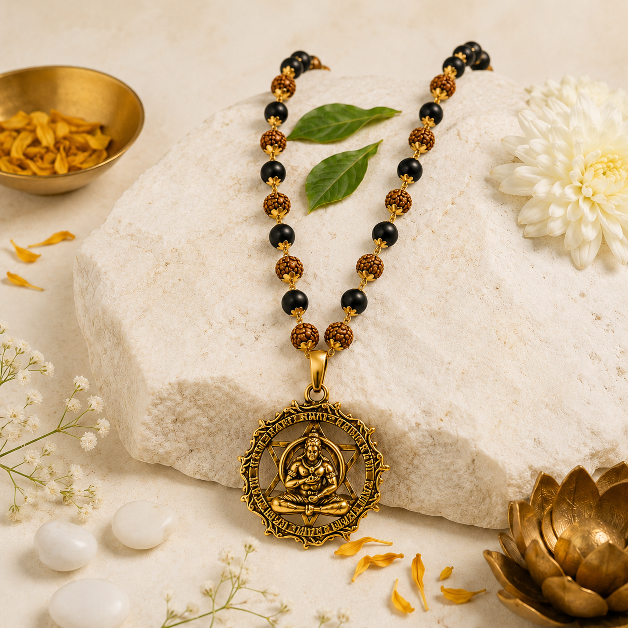 Karungali Rudraksha Gold Mala with Hanuman Pendant | 54 Sacred Beads | Antique Gold Spiritual Necklace for Protection, Strength & Positive Energy