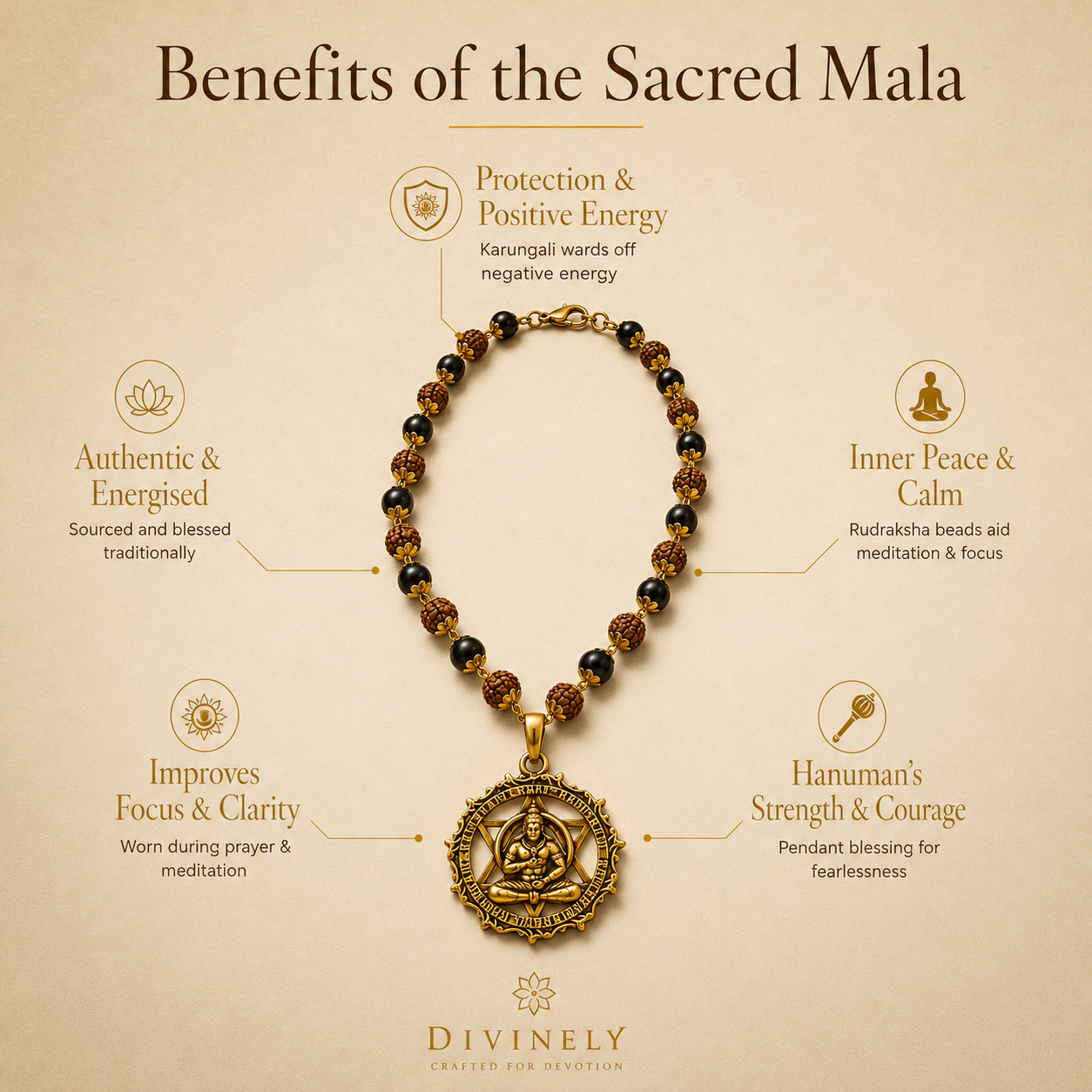 Karungali Rudraksha Gold Mala with Hanuman Pendant | 54 Sacred Beads | Antique Gold Spiritual Necklace for Protection, Strength & Positive Energy