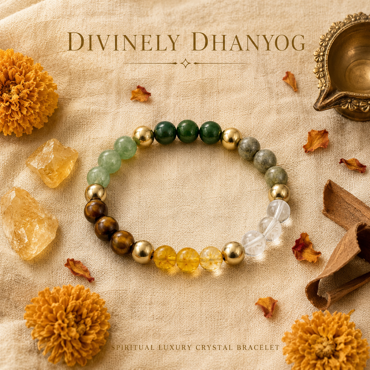 Dhan Yog Multi Stone Braclet With Green Jade, Tiger Eye, Citrine, Clear Quartz, Pyrite &amp; Gold Hematite