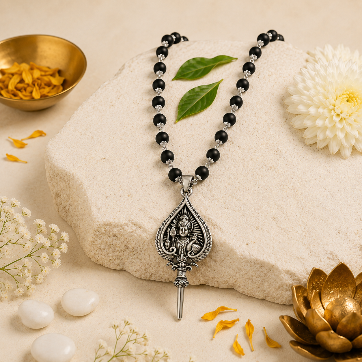 Karungali Silver Plated Mala with Murugan Vel Pendant | 54 Sacred Ebony Beads