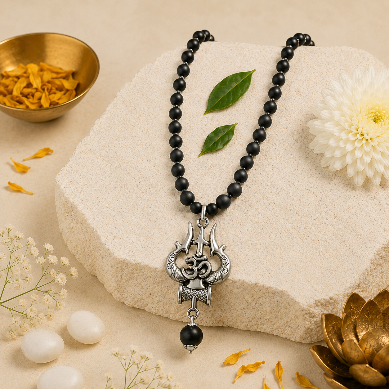 Karungali Mala – 108 Sacred Black Karungali Beads with Silver Trishul Om Pendant