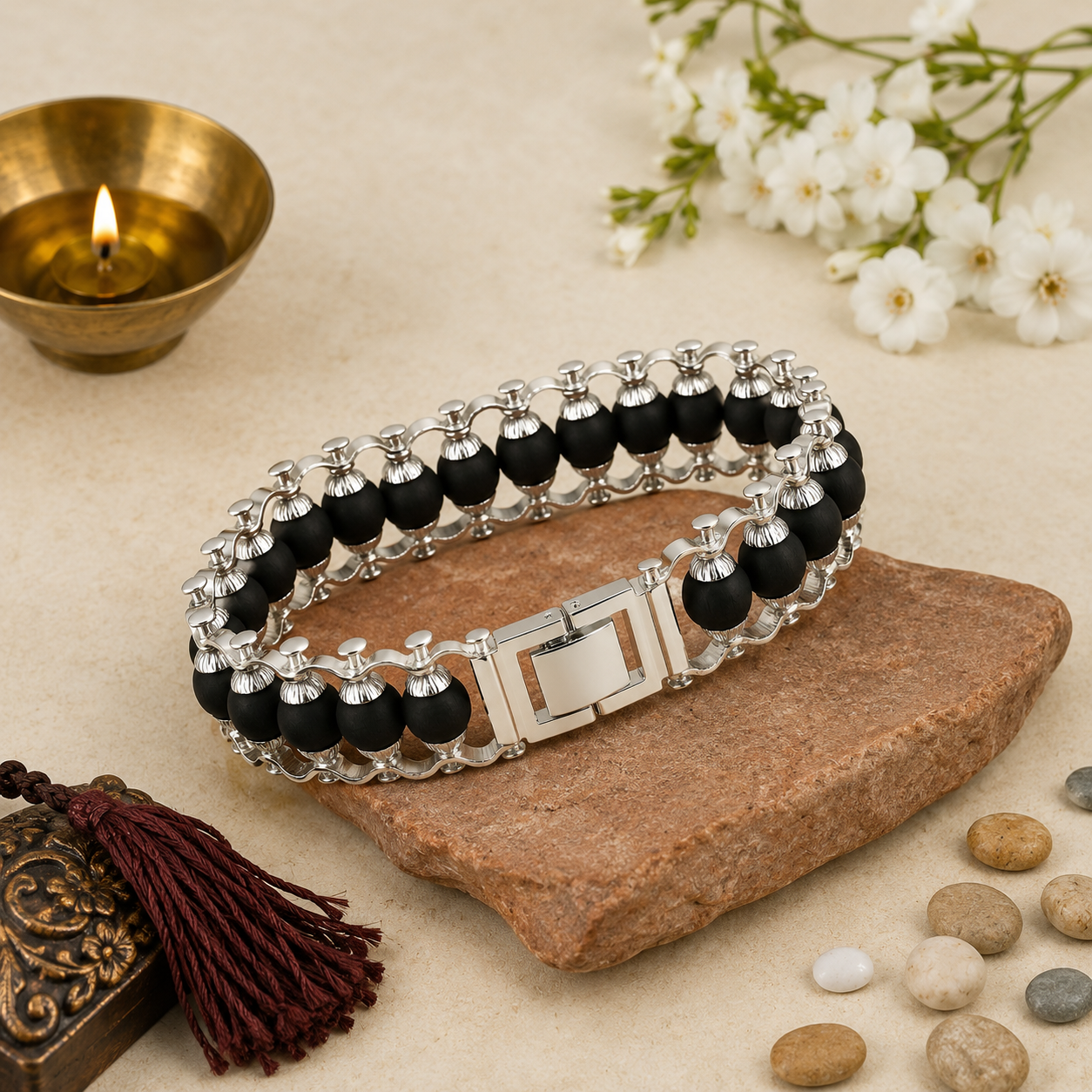 Karungali Metal Bracelet for Men | Sacred Ebony Wood & Silver-Toned Design