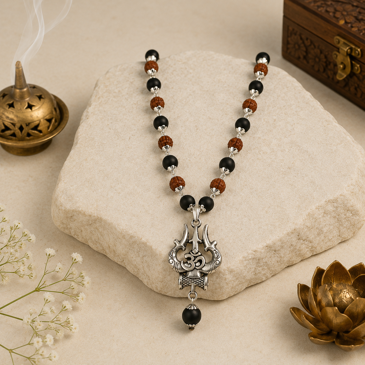 Karungali Rudraksha Silver Mala With Trishul Om Pendant | 54 Sacred Beads | Spiritual Protection Necklace