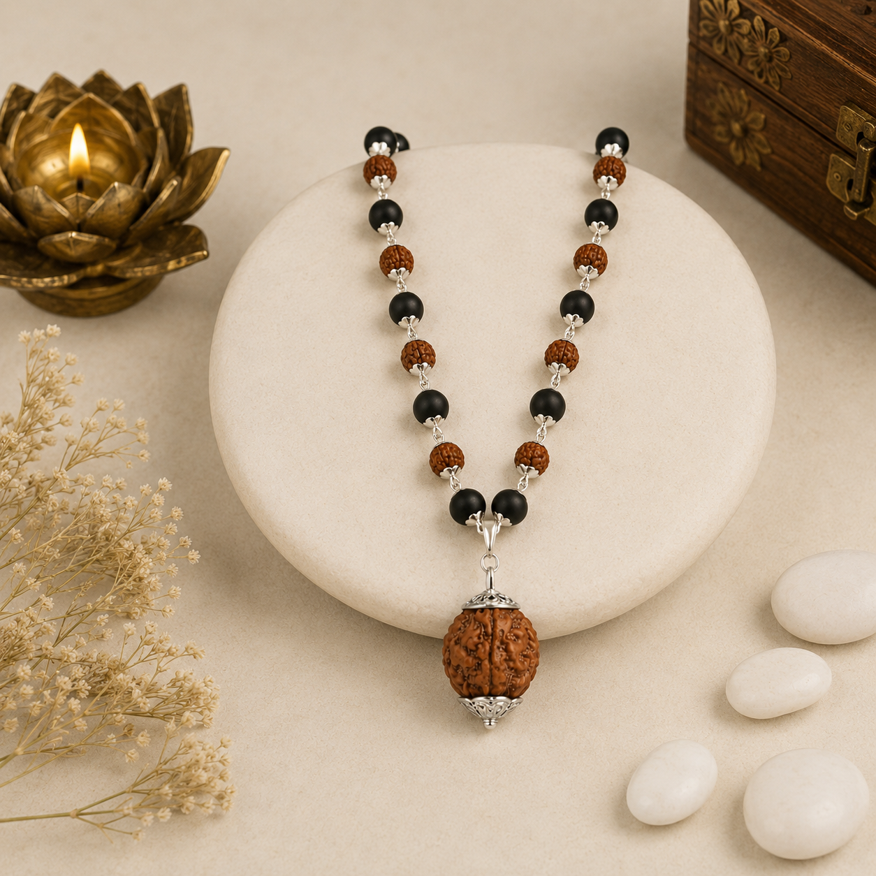 Karungali Rudraksha Silver Mala With 5 Mukhi Rudraksha