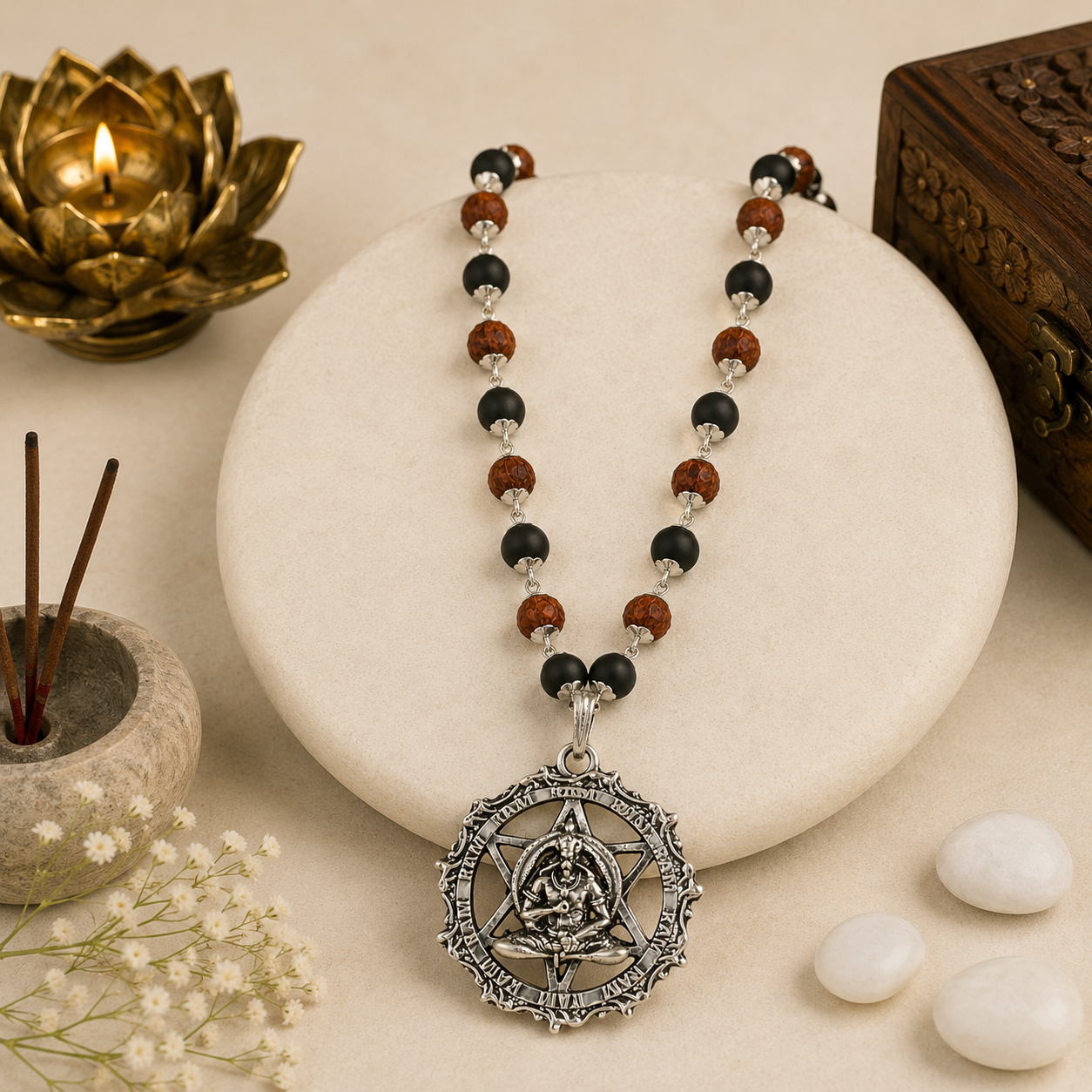 Hanuman Karungali Rudraksha Silver Mala | 54 Sacred Beads with Hanuman Pendant