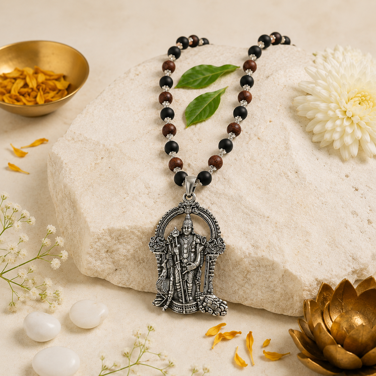 Karungali Rudraksha Silver Mala With Lord Murugan Pendant
