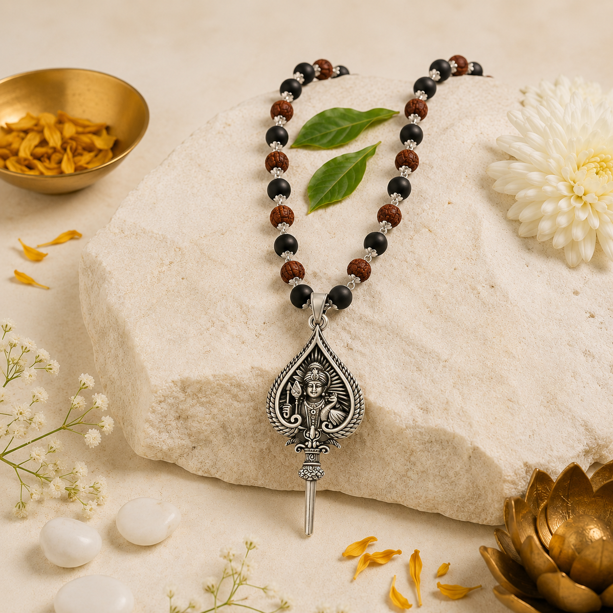 Karungali Rudraksha Silver Mala With Murugan Vel Pendant