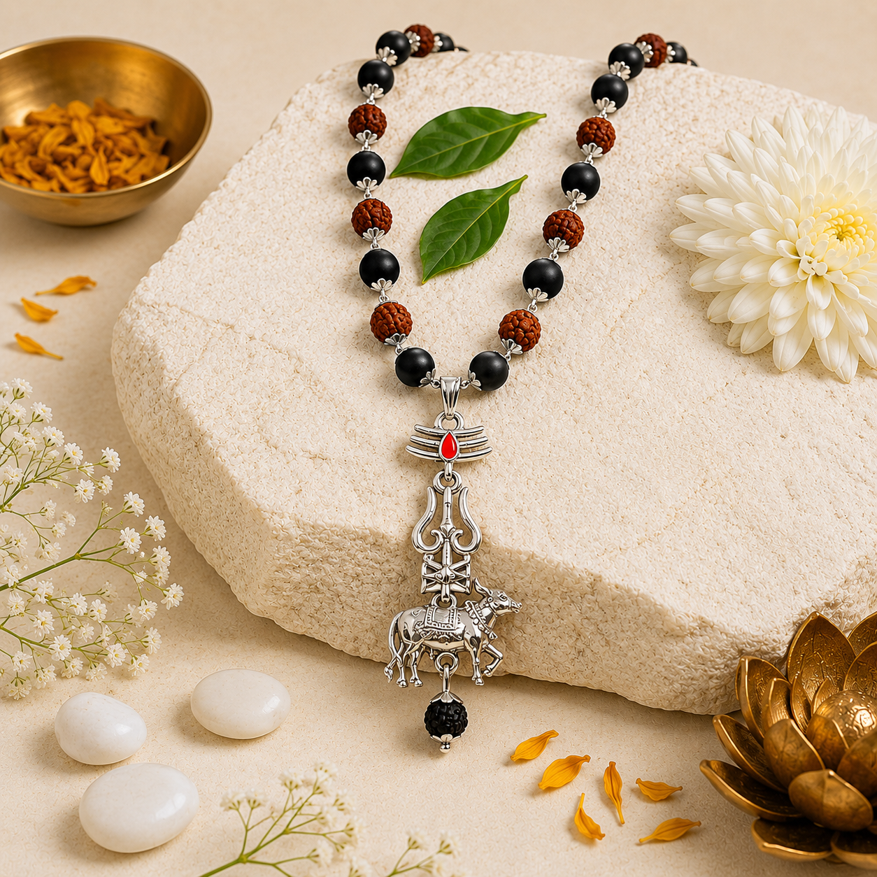 Karungali Rudraksha Silver Mala With Nandi Pendant
