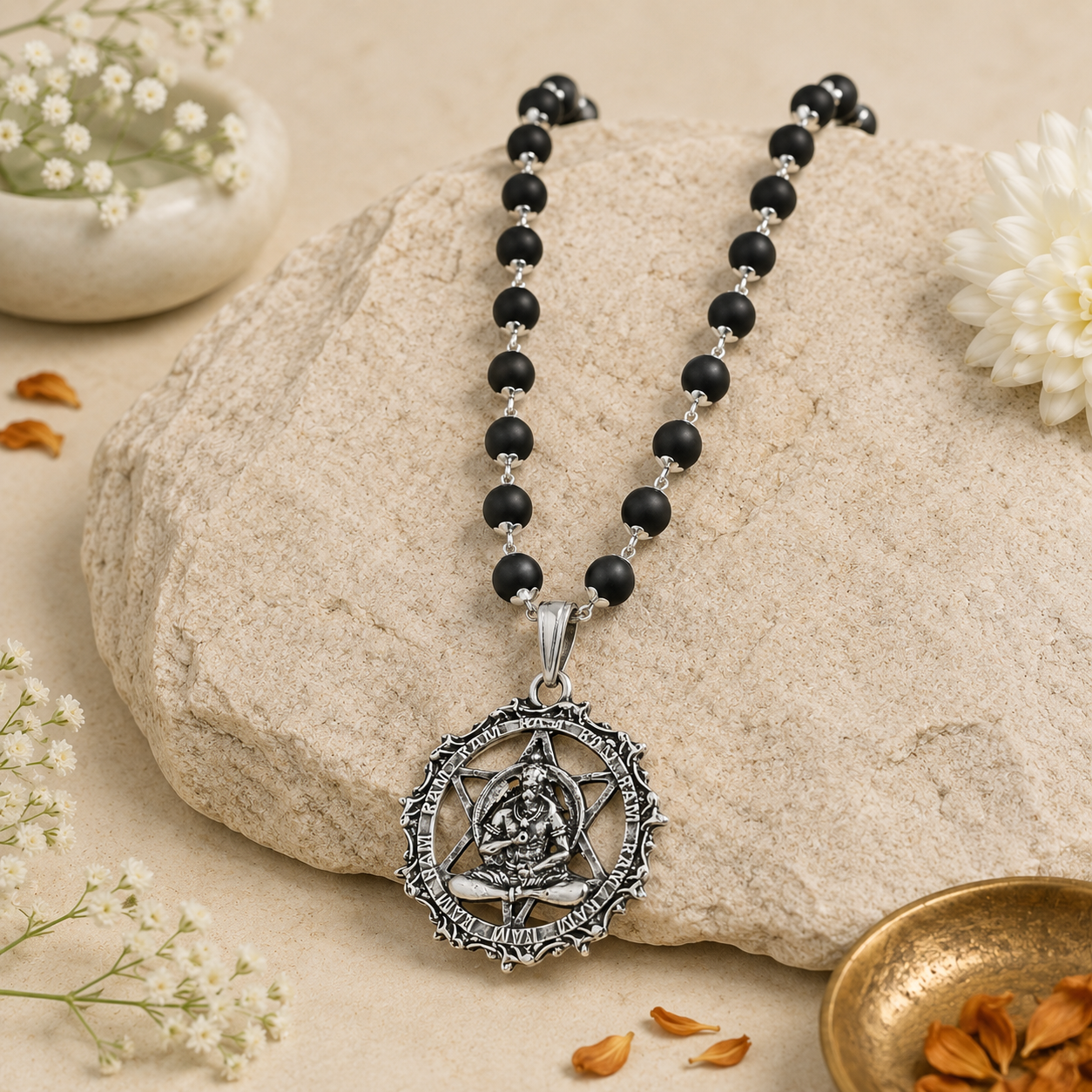 Karungali Silver Mala With Hanuman Pendant